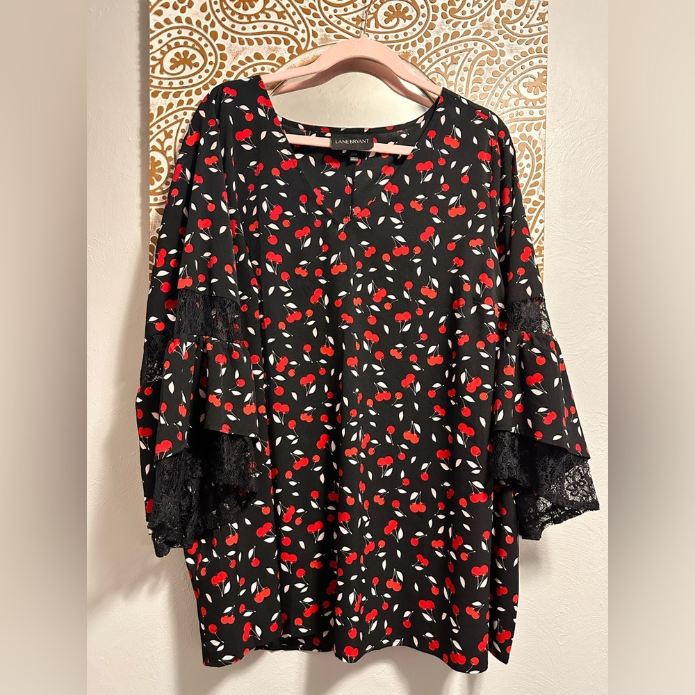 Lane Bryant Black Blouse with Red Cherry Design